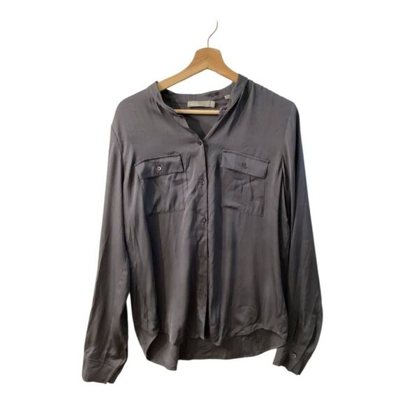 Vince Collar Stretch Silk Button Down Blouse Size M Grey - Picture 1 of 14